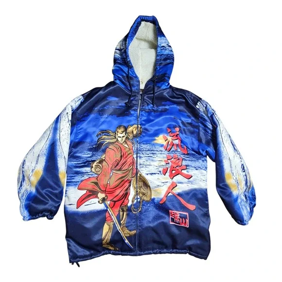 VTG Y2K Zam Urban Wear Anime Sherpa Fleece Lined Coat Jacket Mens XL Polyester